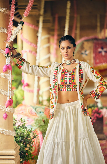 OFF-WHITE NAVRATRI STYLE LEHENGA CHOLI IN PURE COTTON