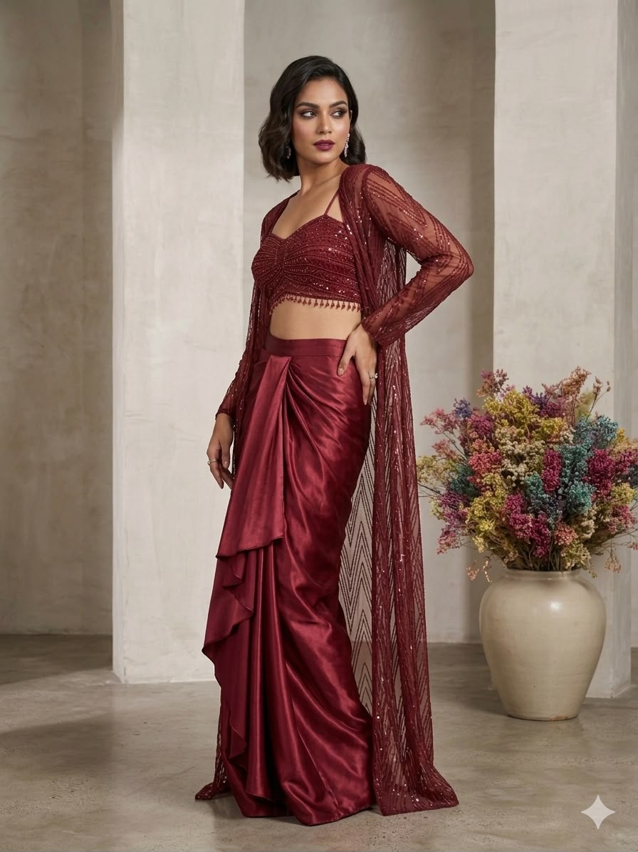 MAROON BUTTERFLY NET CROP TOP AND DRAPED SKIRT SET
