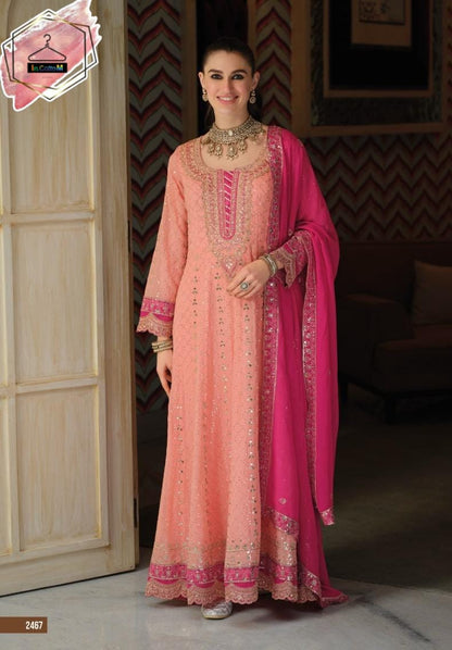 INDO ERA PEACH EMBROIDERED ANARKALI KURTA TROUSERS WITH DUPATTA SET