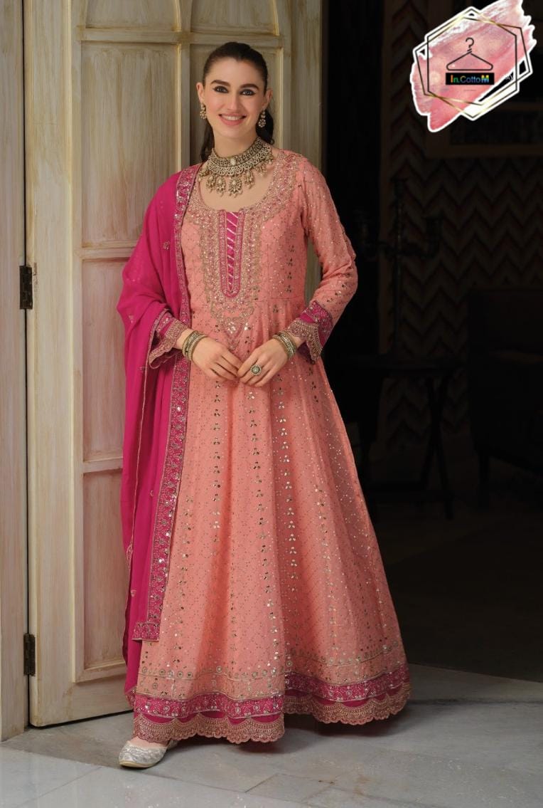 INDO ERA PEACH EMBROIDERED ANARKALI KURTA TROUSERS WITH DUPATTA SET