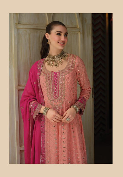INDO ERA PEACH EMBROIDERED ANARKALI KURTA TROUSERS WITH DUPATTA SET