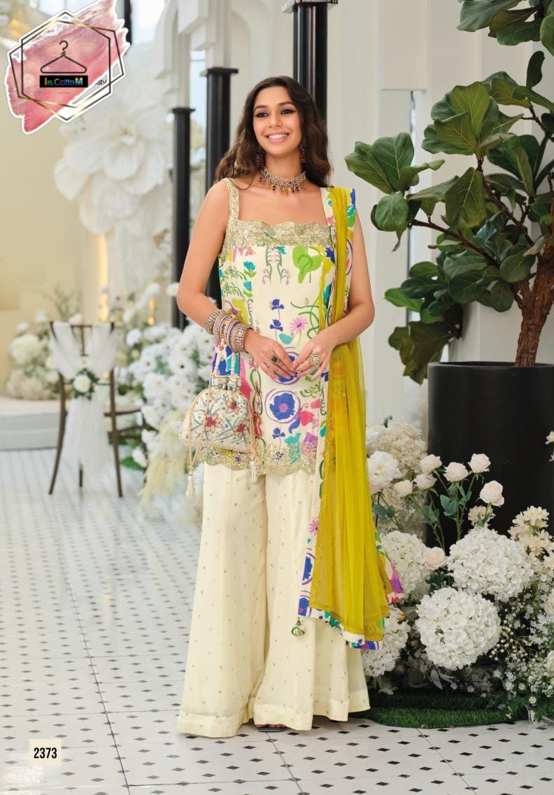 INDO ERA CREAM EMBROIDERED STRAIGHT KURTA PALAZZOS WITH DUPATTA SET