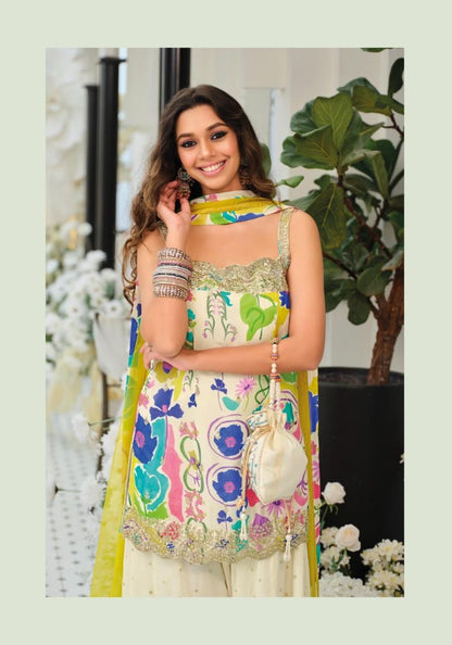 INDO ERA CREAM EMBROIDERED STRAIGHT KURTA PALAZZOS WITH DUPATTA SET