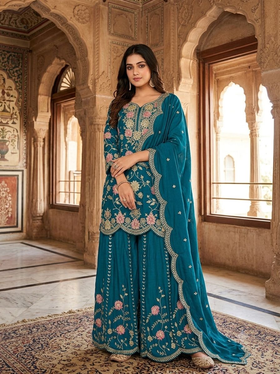 TEAL BLUE SHARARA KURTA SET