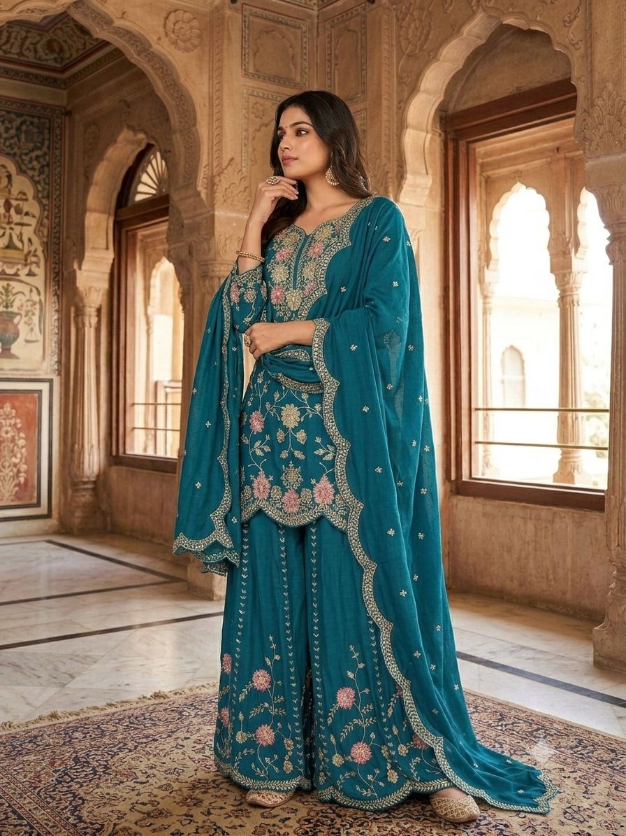 TEAL BLUE SHARARA KURTA SET