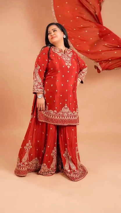 RED GHARARA KURTA SET WITH DUPATTA