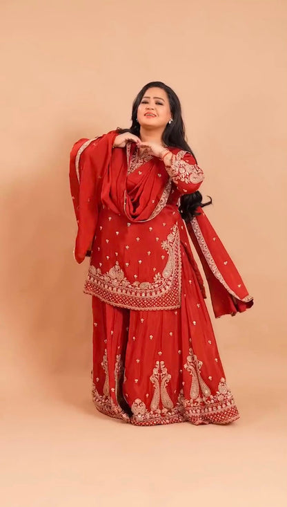 RED GHARARA KURTA SET WITH DUPATTA