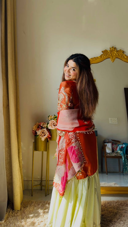 ORANGE AND CREAM SILK  STRAIGHT-CUT KURTA PLAZZO SET WITH DUPATTA