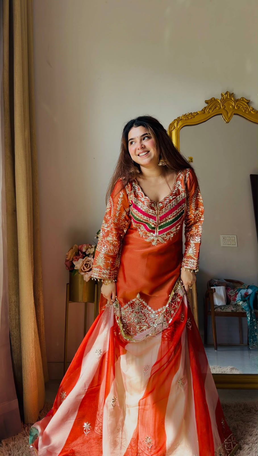 ORANGE AND CREAM SILK  STRAIGHT-CUT KURTA PLAZZO SET WITH DUPATTA
