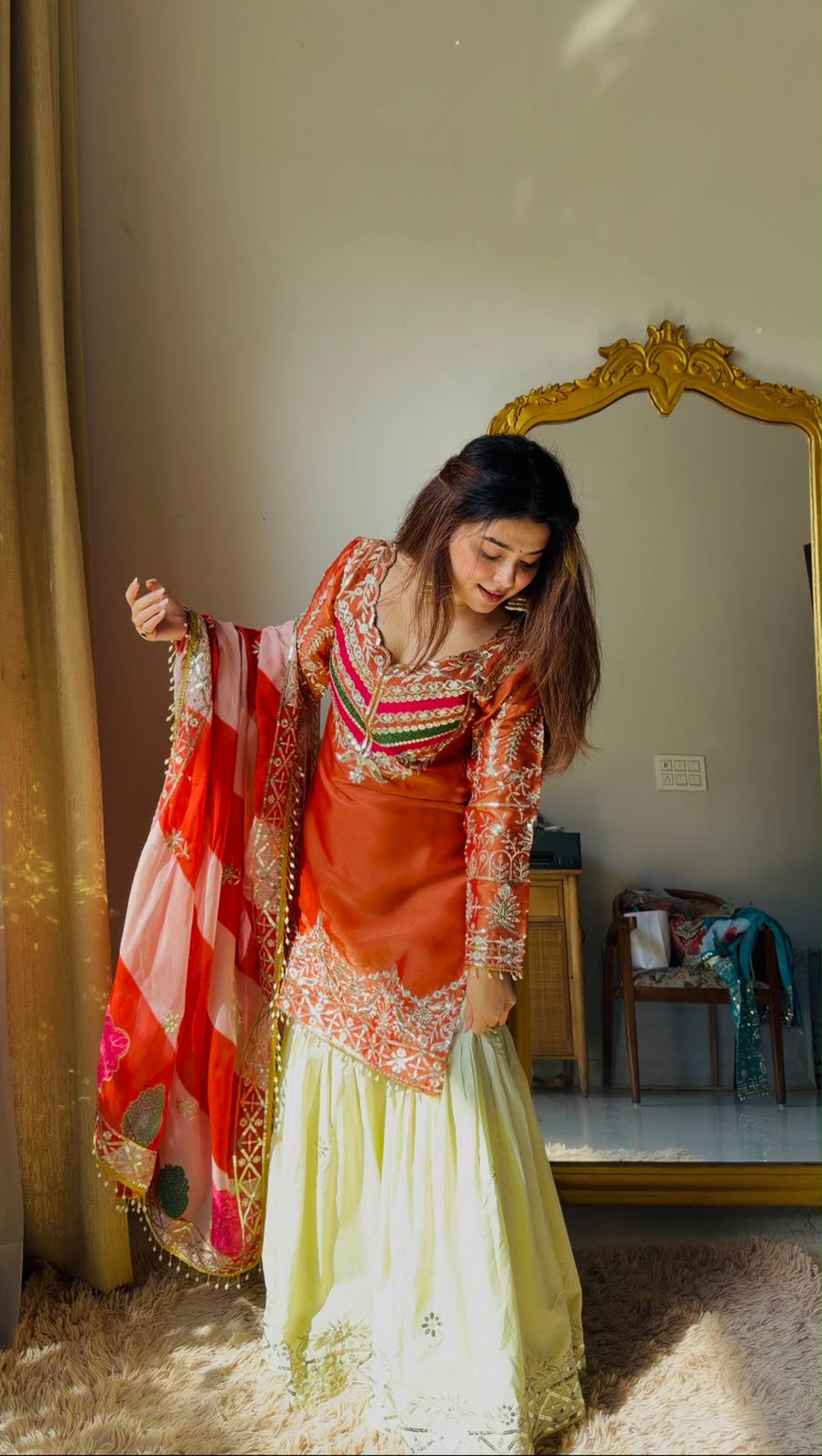 ORANGE AND CREAM SILK  STRAIGHT-CUT KURTA PLAZZO SET WITH DUPATTA