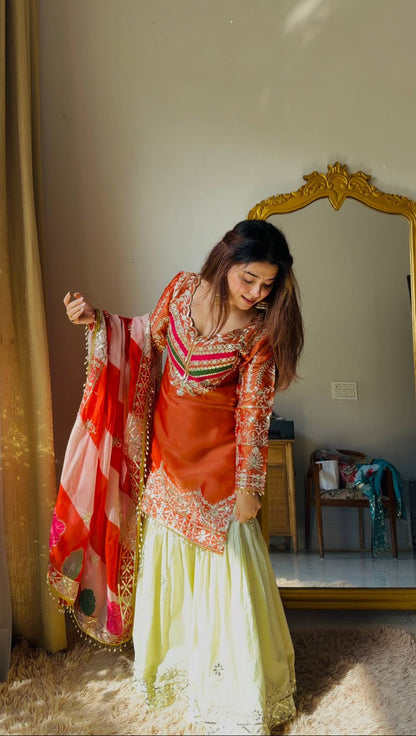 ORANGE AND CREAM SILK  STRAIGHT-CUT KURTA PLAZZO SET WITH DUPATTA