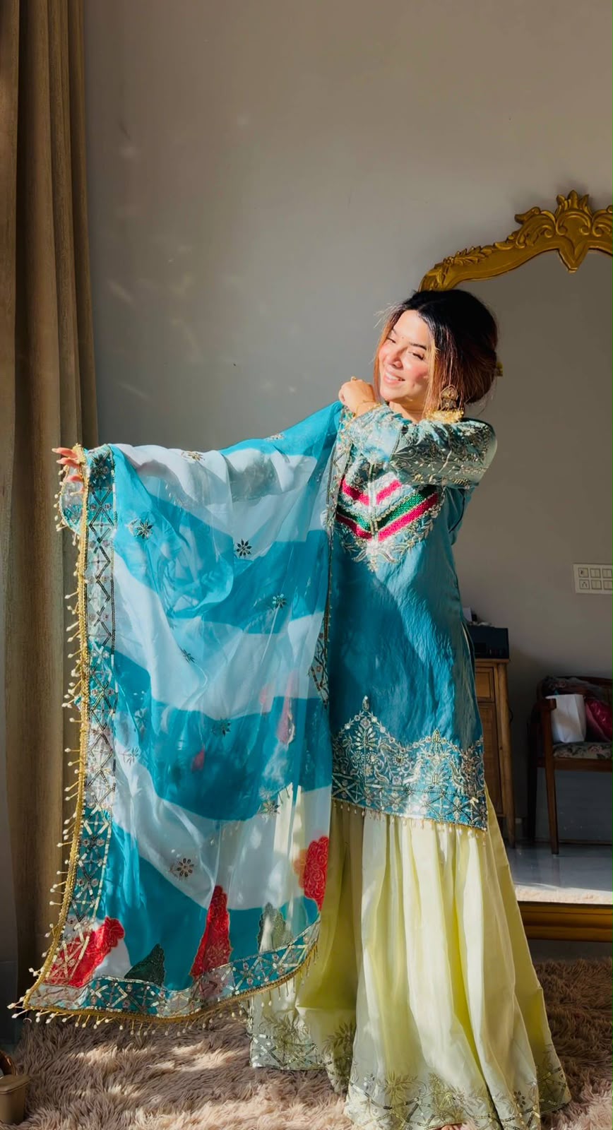 ORANGE AND BLUE SILK  STRAIGHT-CUT KURTA PLAZZO SET WITH DUPATTA