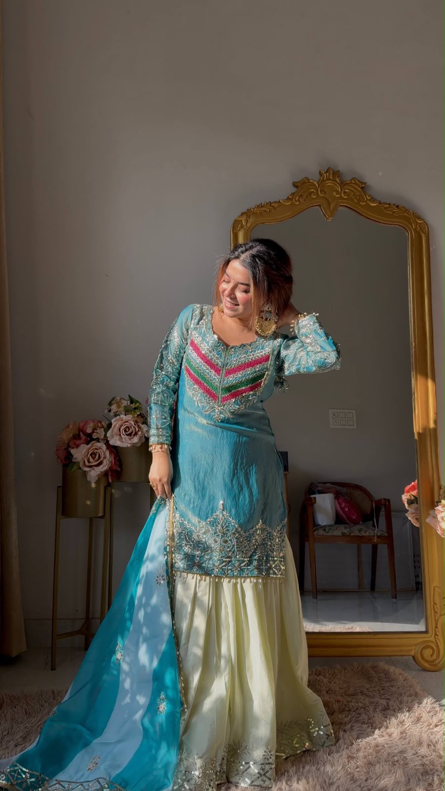 ORANGE AND BLUE SILK  STRAIGHT-CUT KURTA PLAZZO SET WITH DUPATTA