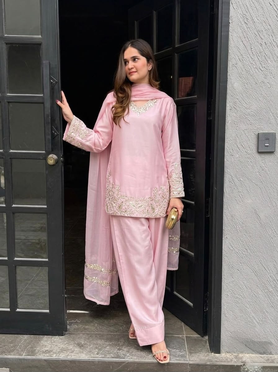STYLISH  EMBROIDERED KURTA , FARSHI PANT & DUPATTA SET