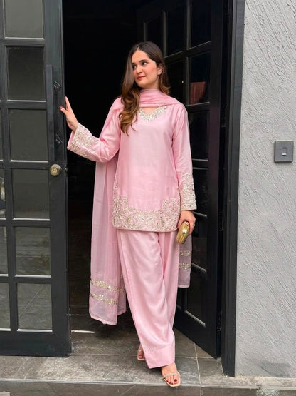 STYLISH  EMBROIDERED KURTA , FARSHI PANT & DUPATTA SET
