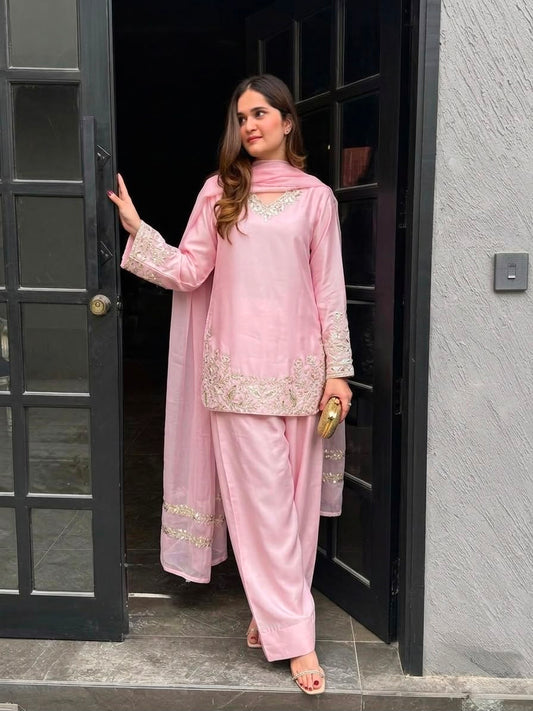 STYLISH  EMBROIDERED KURTA , FARSHI PANT & DUPATTA SET