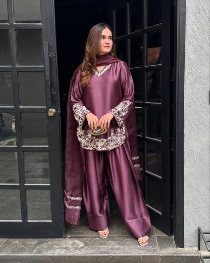 STYLISH  EMBROIDERED KURTA , FARSHI PANT & DUPATTA SET