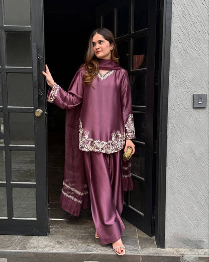 STYLISH  EMBROIDERED KURTA , FARSHI PANT & DUPATTA SET