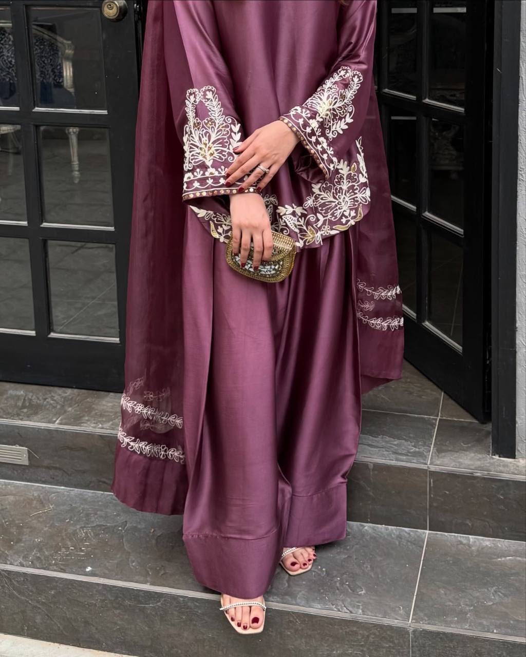 STYLISH  EMBROIDERED KURTA , FARSHI PANT & DUPATTA SET