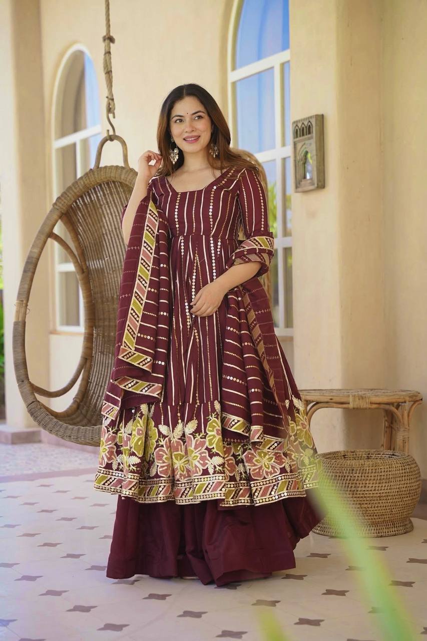 WINE FLORAL EMBROIDERED ANARKALI SUIT SET WITH DUPATTA
