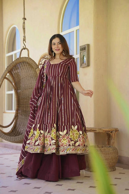 WINE FLORAL EMBROIDERED ANARKALI SUIT SET WITH DUPATTA