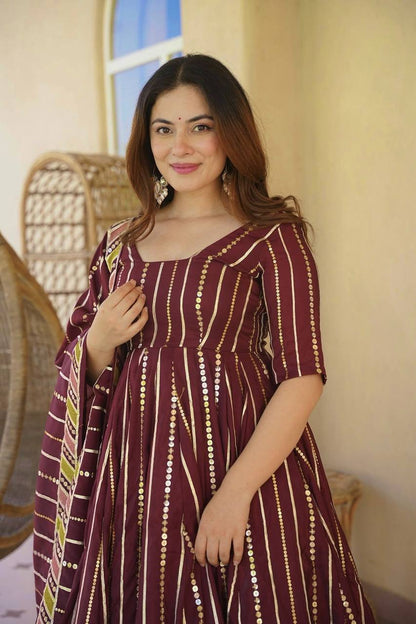 WINE FLORAL EMBROIDERED ANARKALI SUIT SET WITH DUPATTA