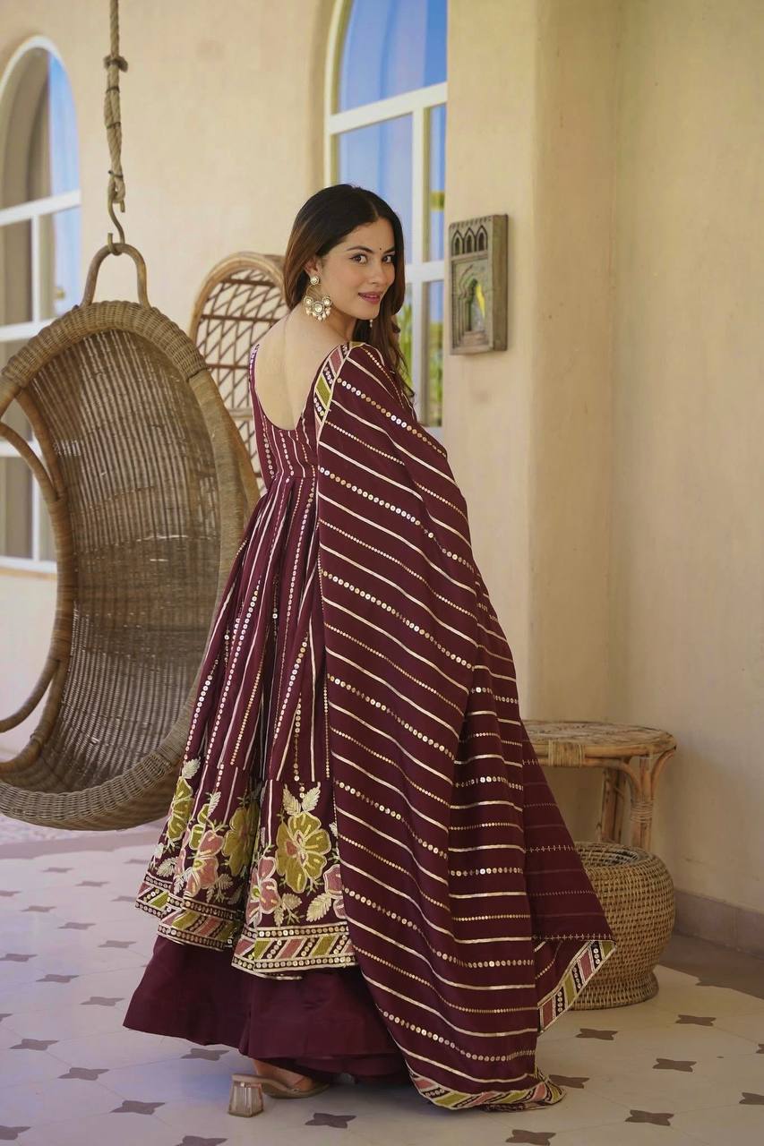 WINE FLORAL EMBROIDERED ANARKALI SUIT SET WITH DUPATTA