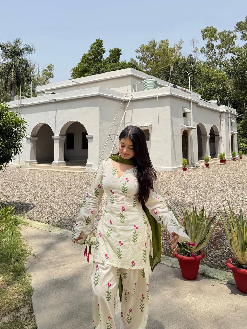 OFF - WHITE FLORAL CAMERIC COTTON FARSHI SALWAR SUIT SET