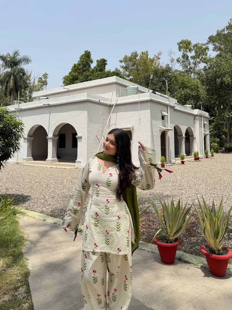 OFF - WHITE FLORAL CAMERIC COTTON FARSHI SALWAR SUIT SET