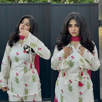 OFF - WHITE FLORAL CAMERIC COTTON FARSHI SALWAR SUIT SET