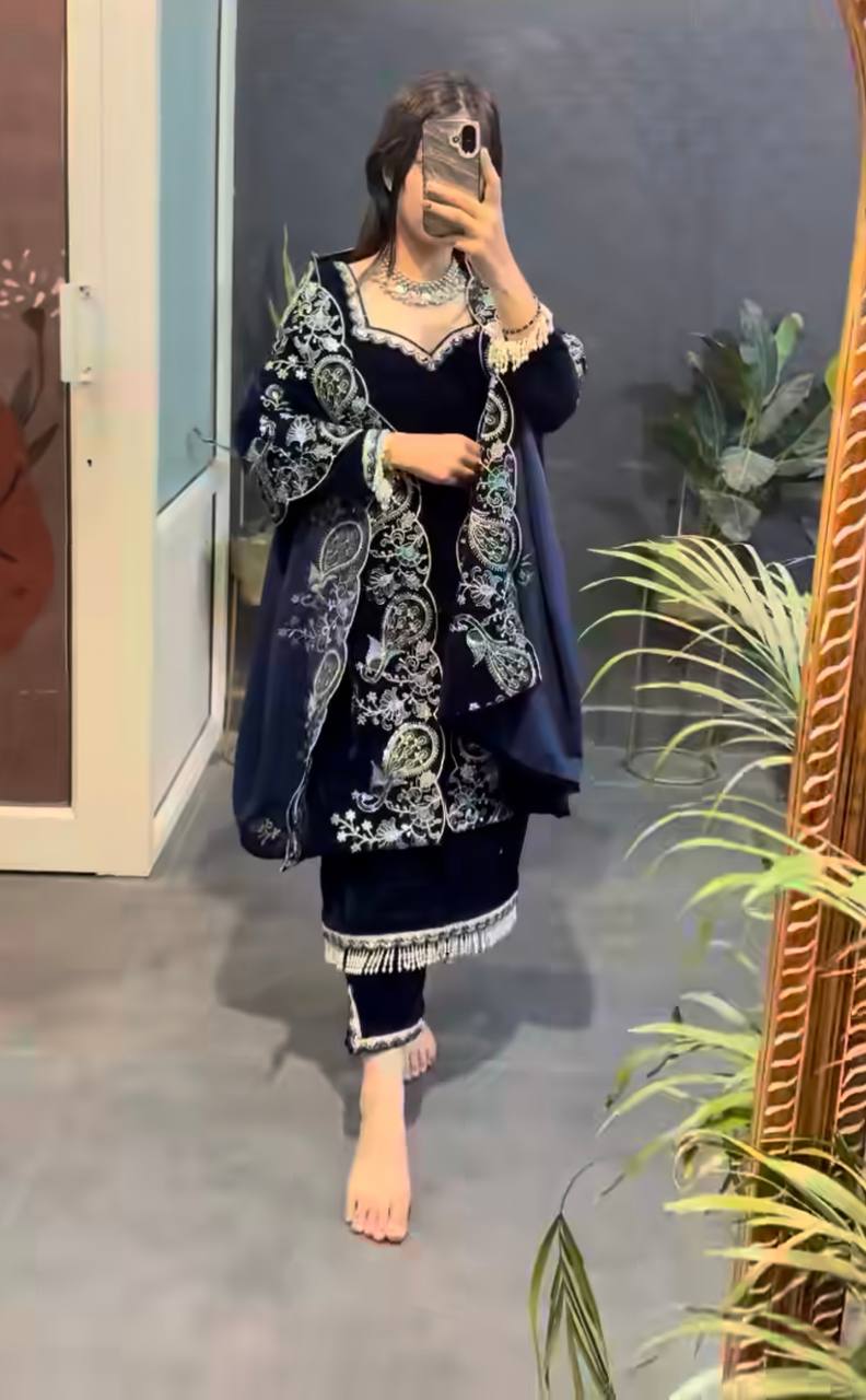 NAVY BLUE VISCOSE VELVET DESIGNER TOP–DUPATTA SET