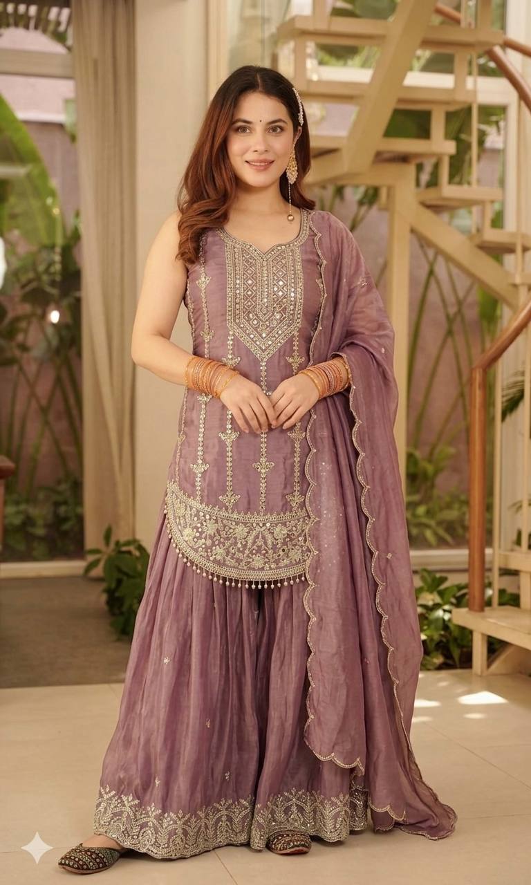 DESIGNER FENDY SILK EMBROIDERED TOP SHARARA & DUPATTA SET