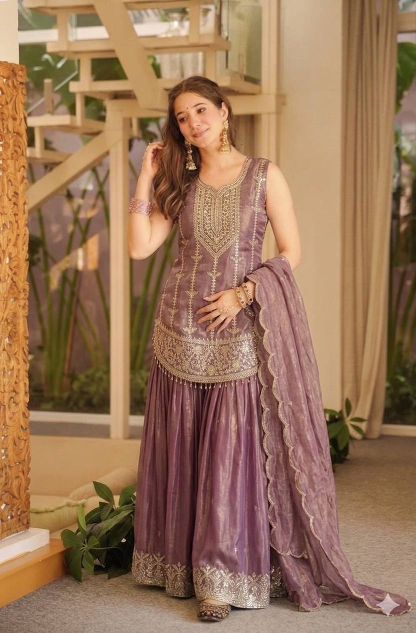 DESIGNER FENDY SILK EMBROIDERED TOP SHARARA & DUPATTA SET