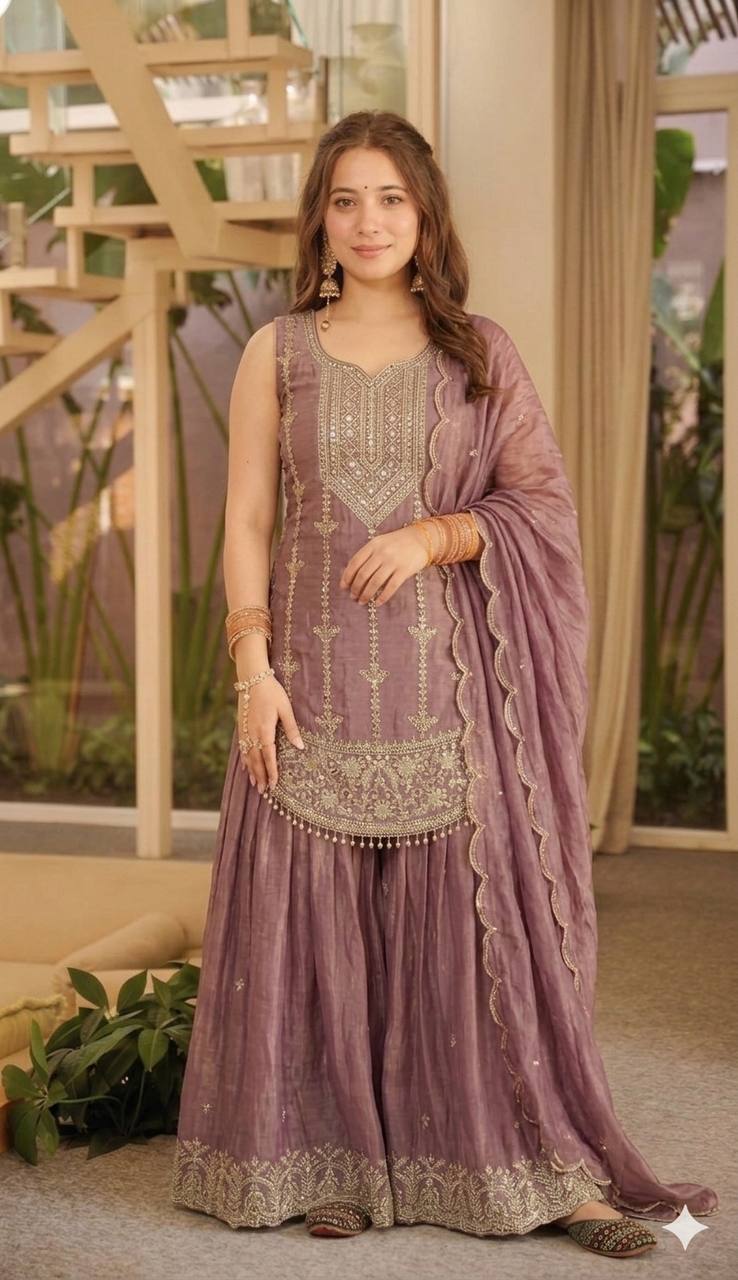DESIGNER FENDY SILK EMBROIDERED TOP SHARARA & DUPATTA SET