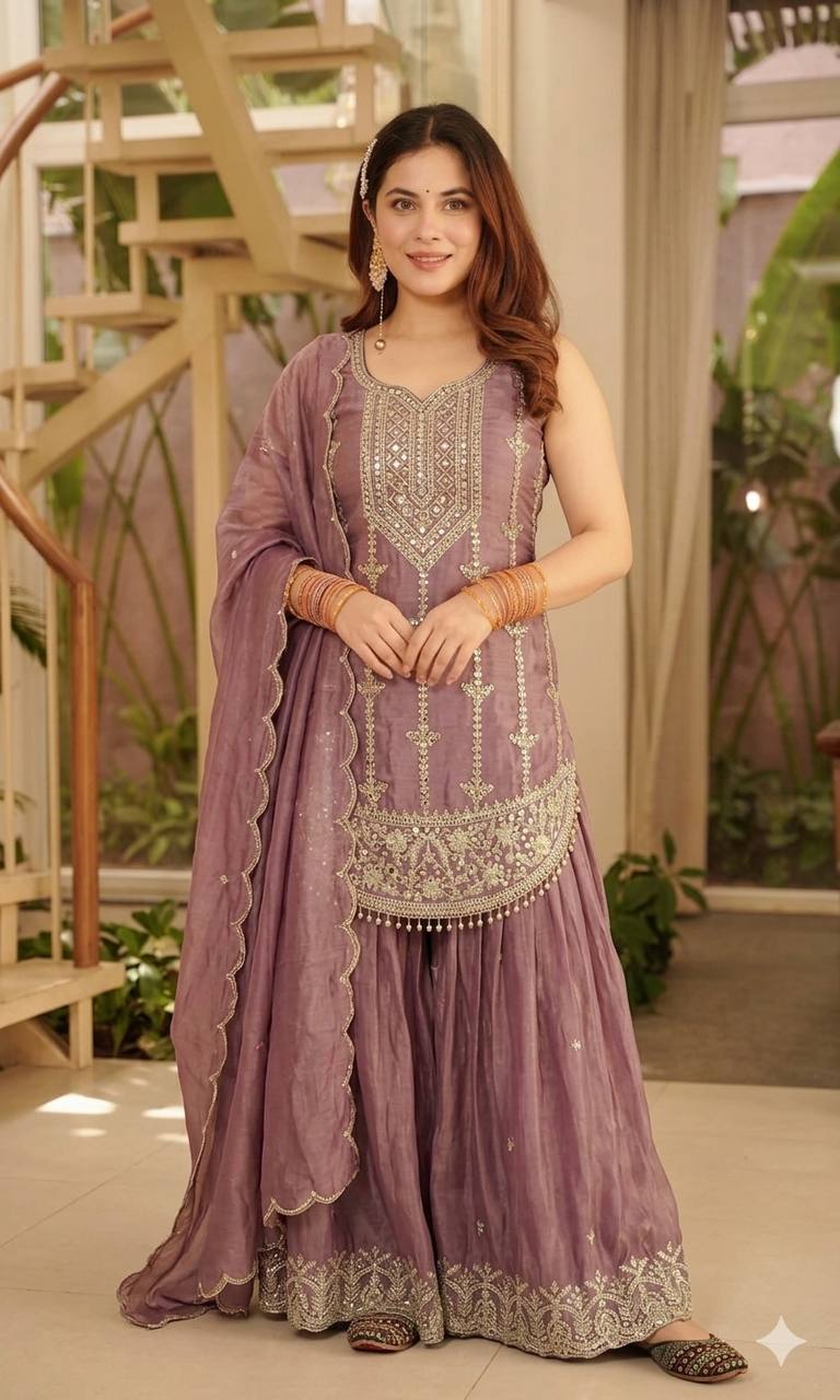 DESIGNER FENDY SILK EMBROIDERED TOP SHARARA & DUPATTA SET