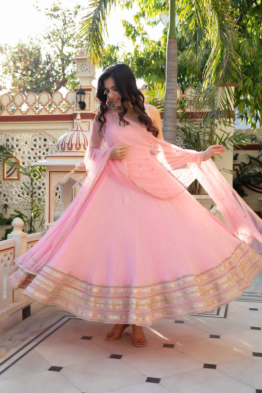 BABY PINK ANARKALI GOWN SUIT SET WITH MIRROR EMBROIDERY & NET DUPATTA