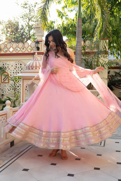 BABY PINK ANARKALI GOWN SUIT SET WITH MIRROR EMBROIDERY & NET DUPATTA