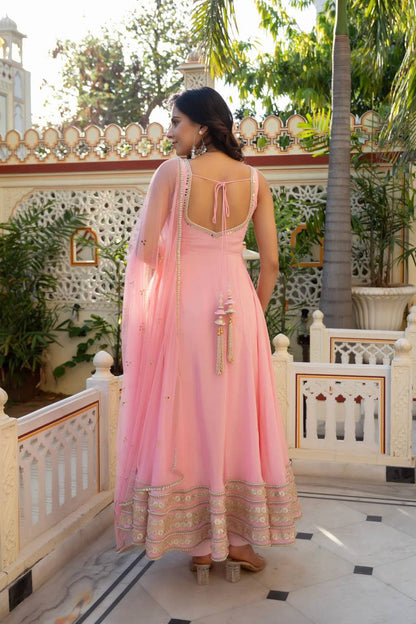 BABY PINK ANARKALI GOWN SUIT SET WITH MIRROR EMBROIDERY & NET DUPATTA