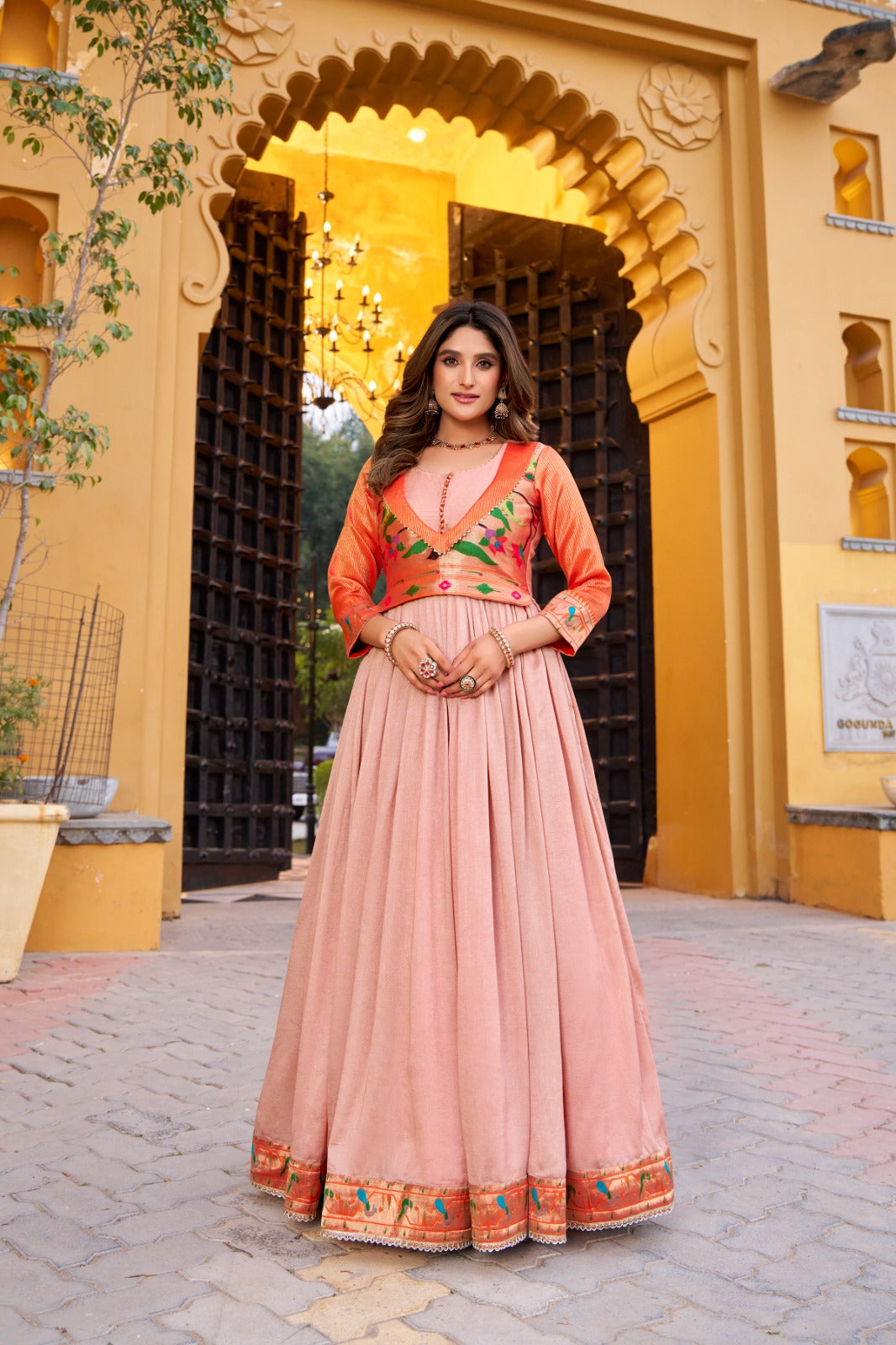 DESIGNER GOWN IN VICHITRA SILK WITH ZARI WEAVING WORK