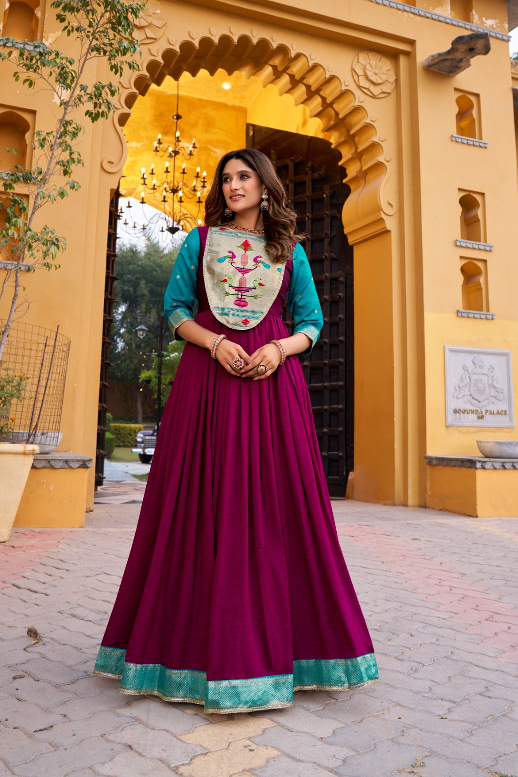 DESIGNER GOWN IN VICHITRA SILK WITH ZARI WEAVING WORK