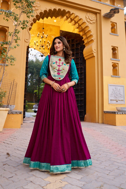 DESIGNER GOWN IN VICHITRA SILK WITH ZARI WEAVING WORK