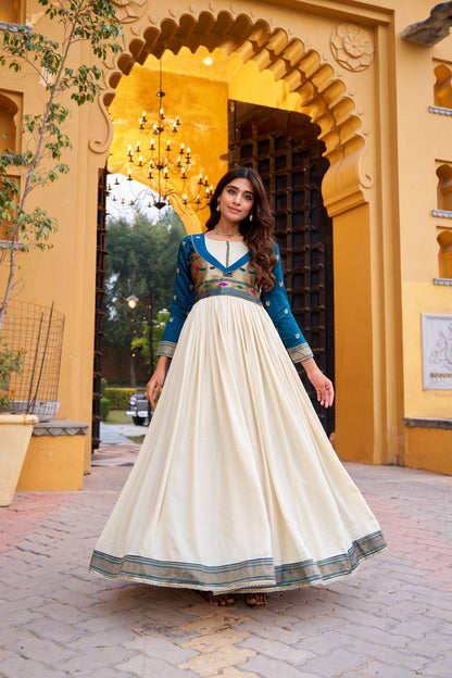 DESIGNER GOWN IN VICHITRA SILK WITH ZARI WEAVING WORK