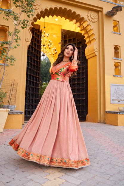 DESIGNER GOWN IN VICHITRA SILK WITH ZARI WEAVING WORK