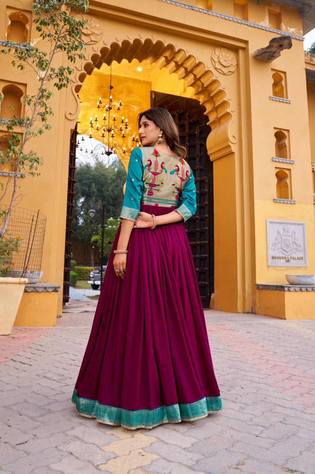 DESIGNER GOWN IN VICHITRA SILK WITH ZARI WEAVING WORK