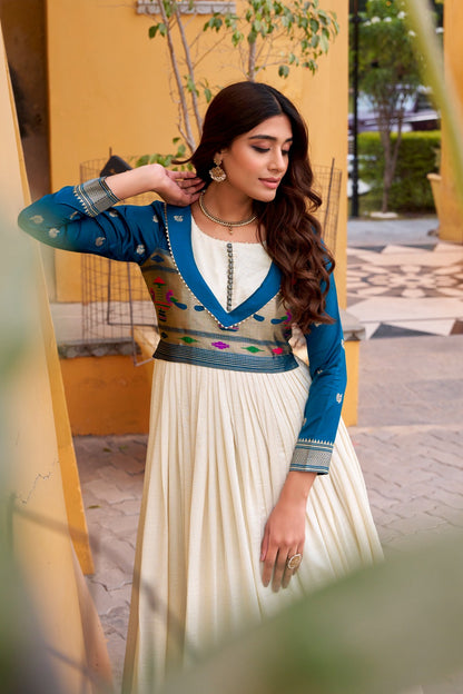DESIGNER GOWN IN VICHITRA SILK WITH ZARI WEAVING WORK