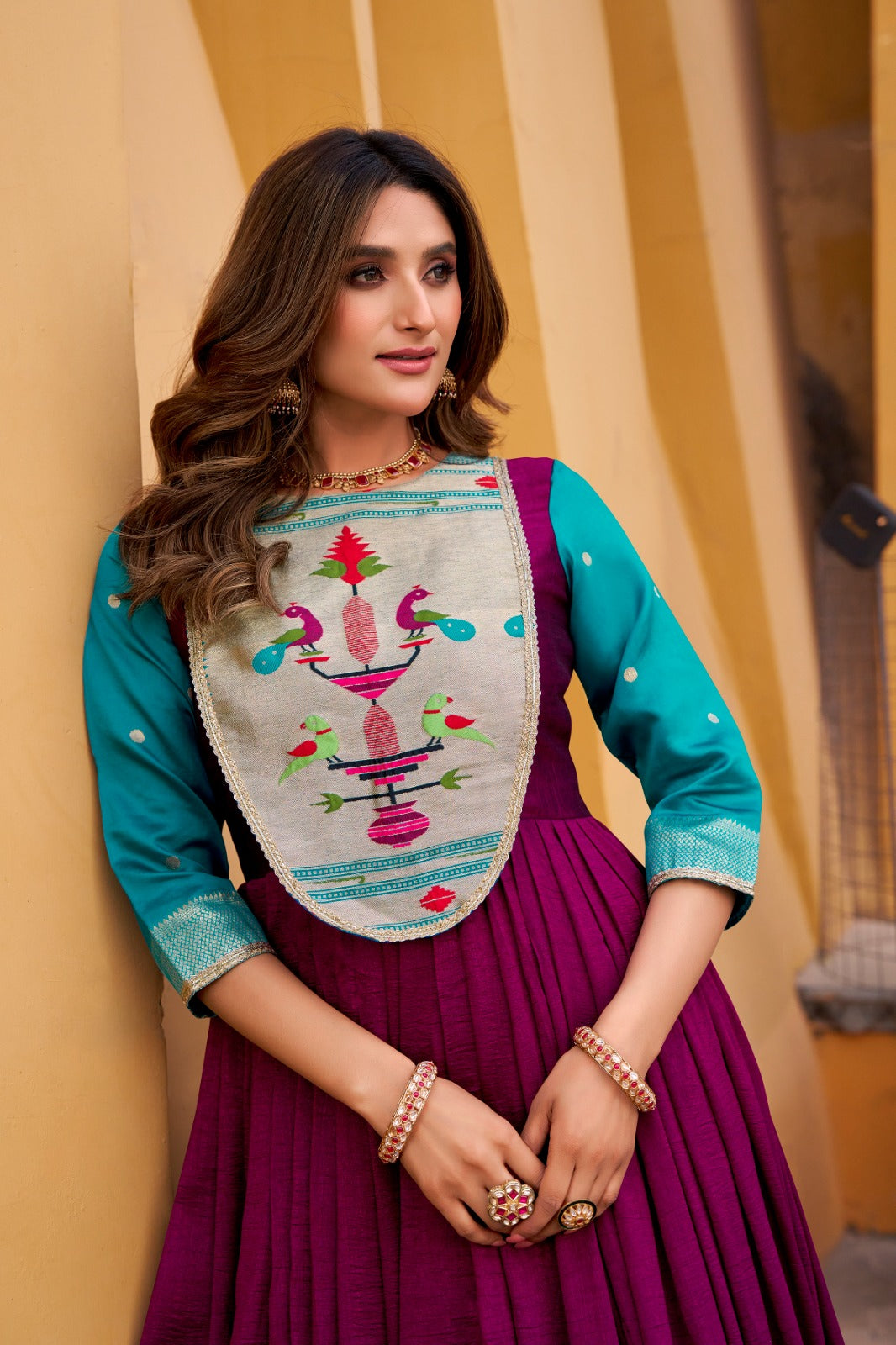 DESIGNER GOWN IN VICHITRA SILK WITH ZARI WEAVING WORK