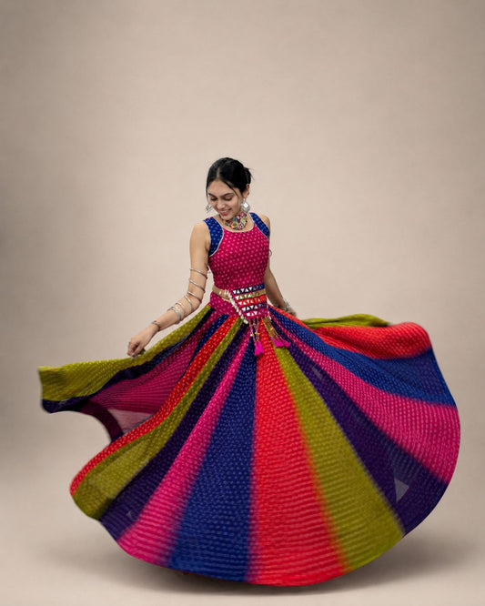 MULTICOLOUR RAINBOW BANDHANI GEORGETTE COTTON NAVRATRI CHANIYA CHOLI WITH MIRROR KANDORA BELT