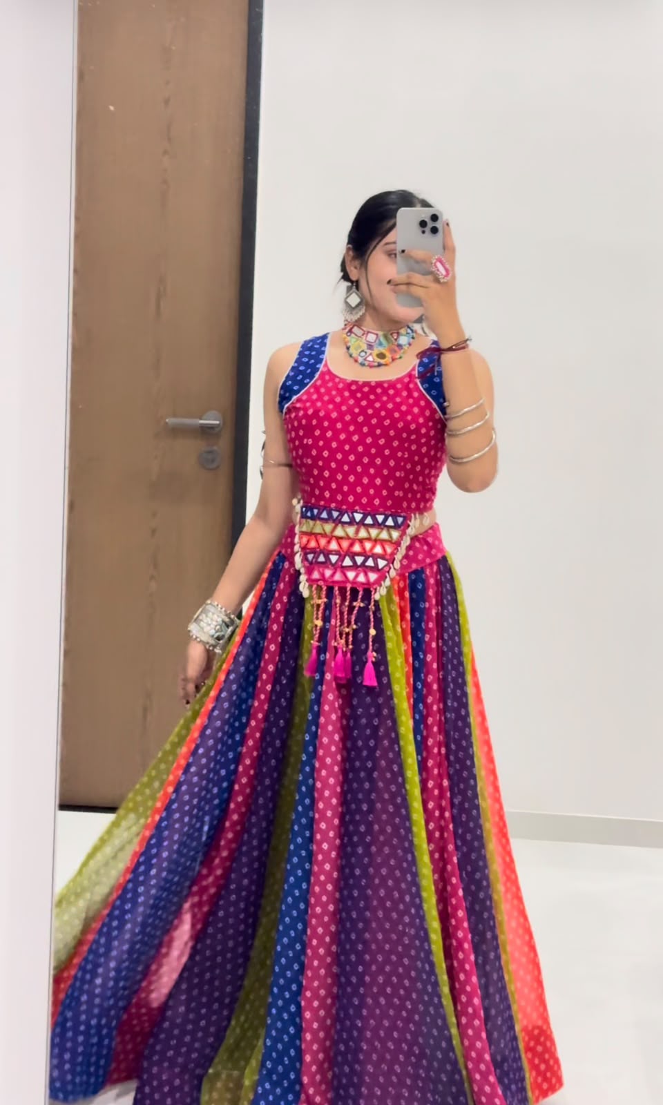 MULTICOLOUR RAINBOW BANDHANI GEORGETTE COTTON NAVRATRI CHANIYA CHOLI WITH MIRROR KANDORA BELT