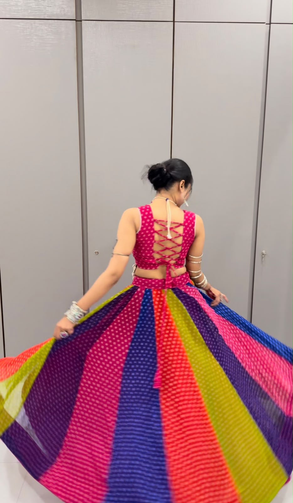 MULTICOLOUR RAINBOW BANDHANI GEORGETTE COTTON NAVRATRI CHANIYA CHOLI WITH MIRROR KANDORA BELT