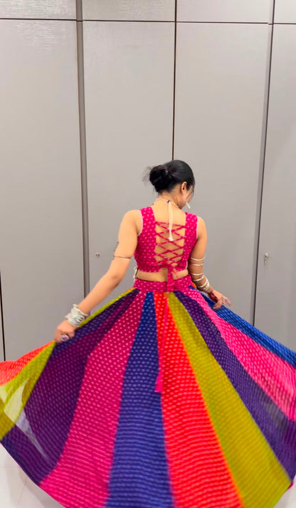 MULTICOLOUR RAINBOW BANDHANI GEORGETTE COTTON NAVRATRI CHANIYA CHOLI WITH MIRROR KANDORA BELT